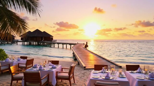 Romantic sunset dining experience on tropical beach with elegant table setting and ocean views