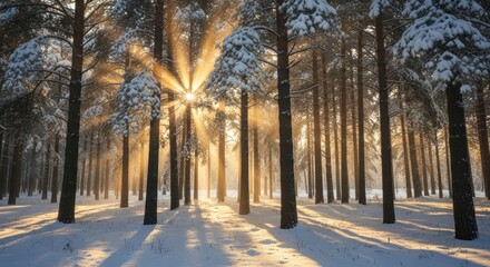 Sunlight through snow-covered trees in a forest, casting long shadows