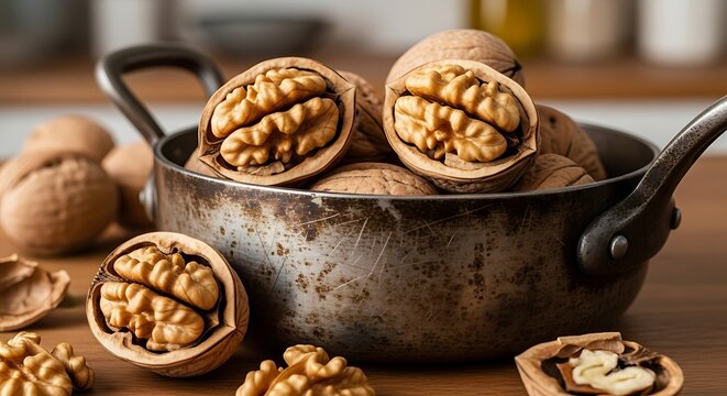 Close-up of walnuts in a rustic metal bowl on a wooden surface.
