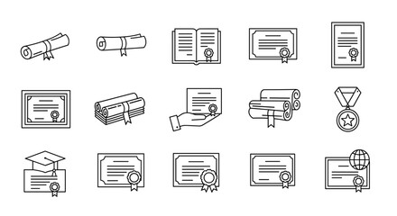 Collection of diploma and certificate icons, rendered with thin line art, perfect for apps, websites, banners, infographics, and various design projects. Includes rolled scrolls, framed documents
