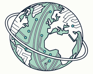 Global technology network world map with circuit board pattern