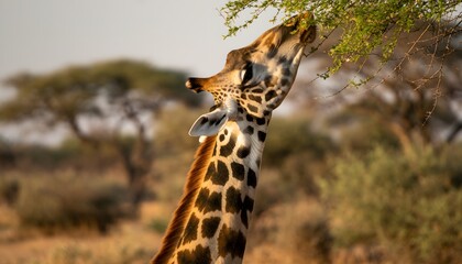 Obraz premium A Tall Giraffe Enjoying a Meal Observing Wildlife in its Natural Habitat, African Savannah