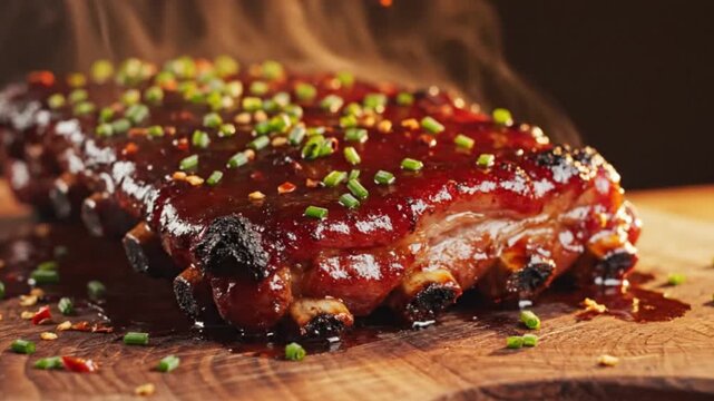 Steaming BBQ ribs sizzling on wooden board perfect for summer grilling and gourmet food content