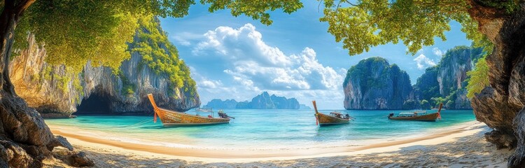 Tropical beach scene with traditional wooden boats floating on clear turquoise water surrounded by limestone cliffs and lush green foliage under a bright blue sky with fluffy clouds