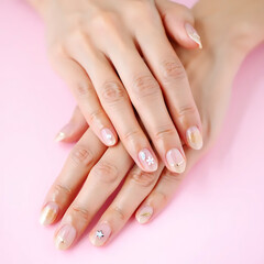 Naklejka premium Close-up of female hands with manicure showing self-care and beauty routine.