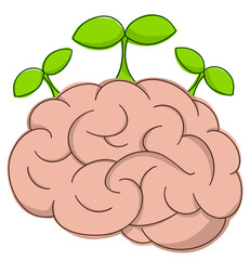 Cartoon brain with small green leaves sprouting on top, representing growth, creativity, and eco-friendly intelligence.