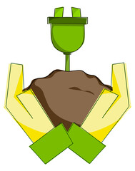 Illustration of human hands holding soil with a green plug symbolizing eco energy, environmental care, and sustainability.