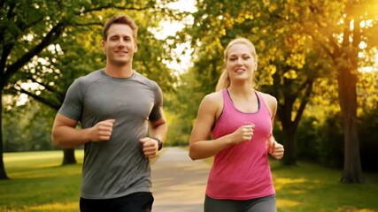 Couple jogging together in a park at sunset, enjoying a healthy lifestyle and outdoor activity - Powered by Adobe