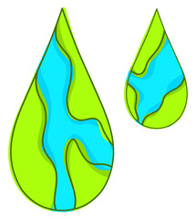 Green and blue water drops representing earth and nature, symbolizing water conservation and environmental care.
