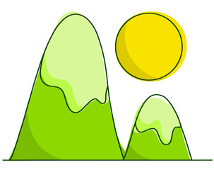 Illustration of green mountains with yellow sun representing nature, landscape, and environmental beauty.