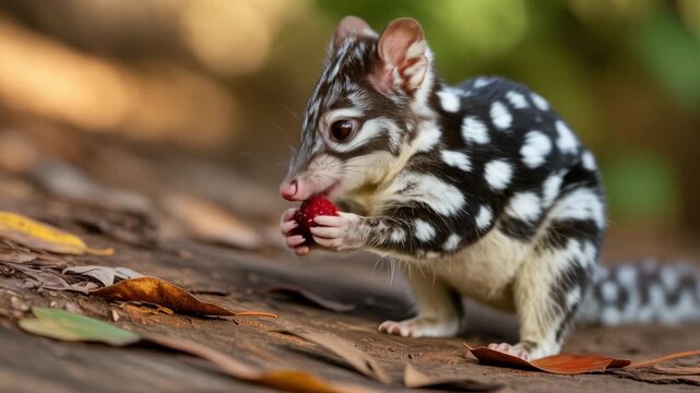 Curious quoll sniffing berry on mossy log in forest setting