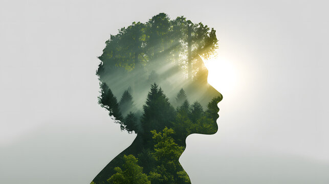 A silhouette of a person's head filled with a lush forest, representing inner thoughts and connection with nature