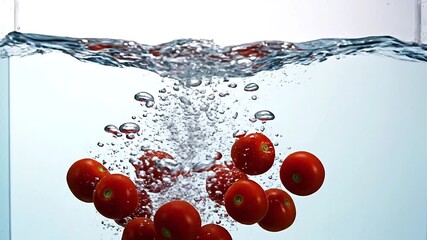 Cherry tomatoes falling into water, slow motion splash, fresh, vibrant. - Powered by Adobe