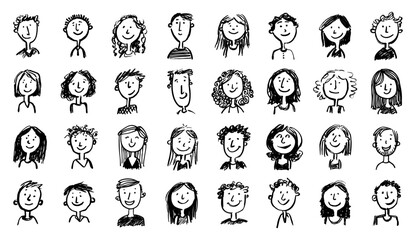 Avatar doodle set. Avatars drawing sketch, face childish funny hand-drawn linear minimalist person vector illustration