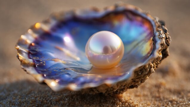 Iridescent seashell holds a luminous pearl on sandy beach
