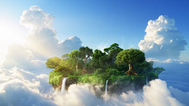 Enchanting floating island paradise with lush greenery and waterfalls amidst the clouds