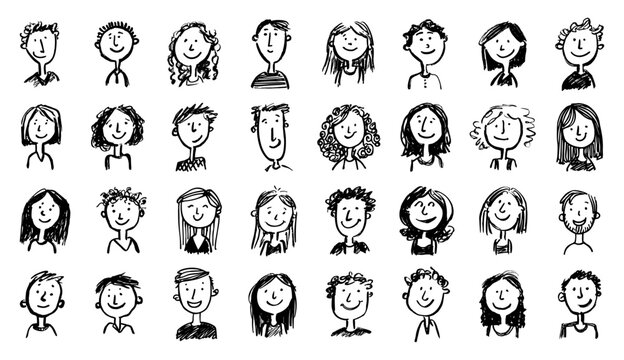 Avatar doodle set. Avatars drawing sketch, face childish funny hand-drawn linear minimalist person vector illustration