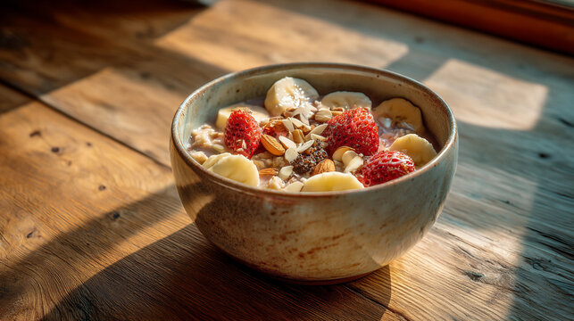 A bowl of oatmeal topped with sliced bananas strawberries and almonds on a wooden table in sunlight