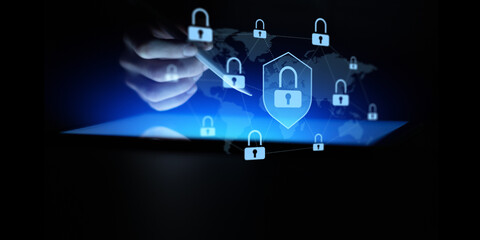 Global Cybersecurity Network and Data Protection Displayed on Digital Tablet.