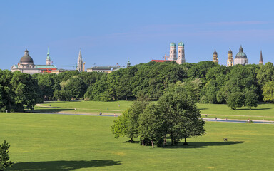 Munich skyline, view from English garden, Germany