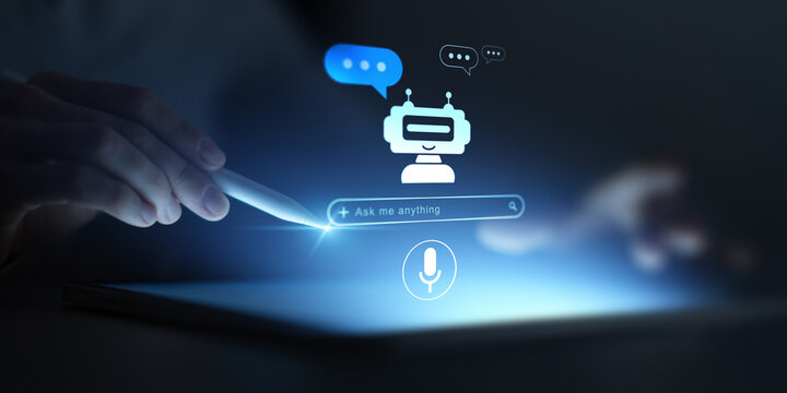 AI Chatbot and Voice Assistant Interaction Displayed on Digital Tablet.
