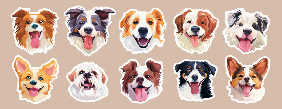 Dog sticker set. Dog face cartoon, border collie corgi pembroke shih tzu labrador saint bernard tibetan terrier vector illustration