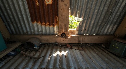 Abandoned Rustic Structure with Corrugated Metal Walls and Natural Light.
