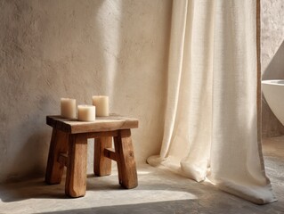 A wooden stool with candles on it. The candles are white and there are three of them. The stool is placed in front of a curtain