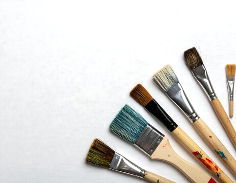 Several paintbrushes of varying sizes and bristle types are arranged diagonally against a stark white background. Light illuminates the scene evenly - Powered by Adobe
