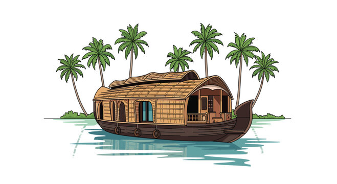Serene houseboat glides on tranquil turquoise waters surrounded by lush palm trees and tropical foliage