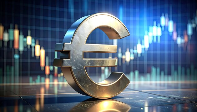 Shiny, metallic Euro symbol stands prominently before a blurred graph, indicating finance & market movements. The chart displays upward and downward trends, creating a dynamic image