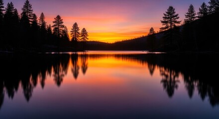Obraz premium Vibrant sunset paints a serene lake, reflecting trees, sky, creating a tranquil vista