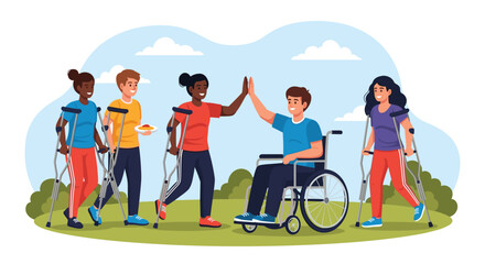 Diverse group of friends celebrating success, high-fiving in a park, embracing life with crutches and wheelchair