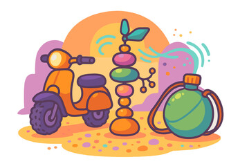 Bright orange scooter next to abstract colorful cairn and large green canteen for summer travel