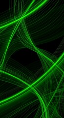 Abstract Green Swirling Light Trails on a Dark Background.
