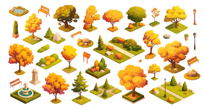 Park element isometric set. Autumn urban landscape, fountain tree paw bush lantern infrastructure garden decor vector illustration