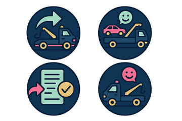 Towing service, vehicle recovery, customer satisfaction, and service agreement symbols