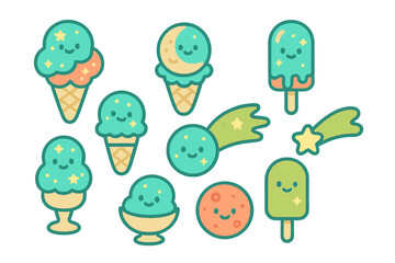 Cute space themed ice cream treats and cosmic elements with smiling faces and stars