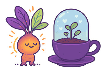 Adorable magical root vegetable creature glowing brightly beside a tiny plant growing inside a purple teacup terrarium
