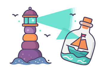 Colorful lighthouse beacon shining light toward a sailboat trapped inside a glass bottle on the ocean waves