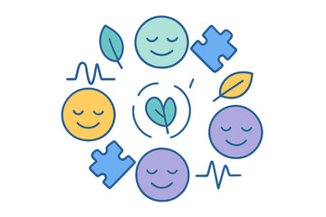 Holistic well-being concept showing calm faces, natural leaves, puzzle elements, and life pulse symbols