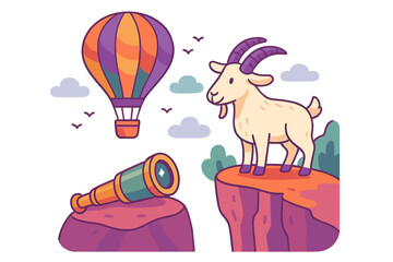 Mountain goat standing on a cliff overlooking a hot air balloon and telescope
