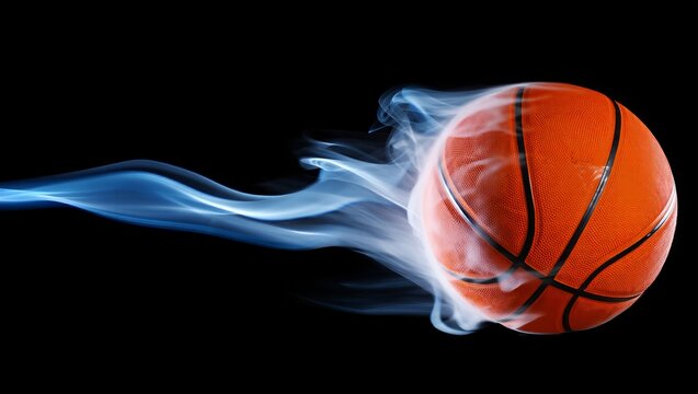 Dynamic basketball in motion with wisps of blue smoke against a black background - Powered by Adobe