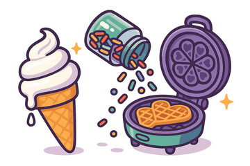 Soft serve ice cream cone next to a waffle maker cooking heart shaped waffles with sprinkles falling