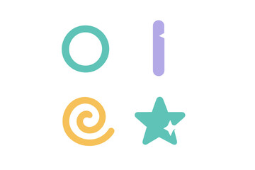 Obraz premium Abstract geometric shapes collection featuring a teal ring, purple bar, yellow spiral, and turquoise star