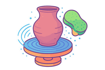 Clay pot on a spinning pottery wheel with a green sponge tool for shaping