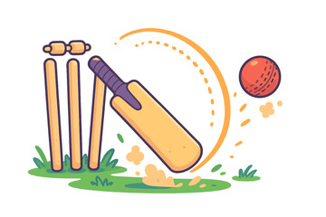 Dynamic scene of a cricket bat striking the red ball near the stumps and bails