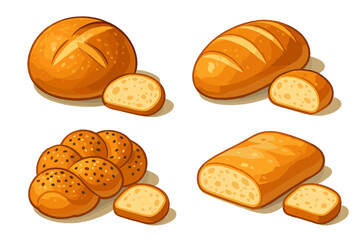Assortment of freshly baked bread loaves and sliced pieces on a white background