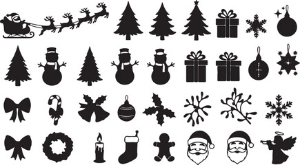 Christmas vector silhouette set with holiday symbols collection elements
