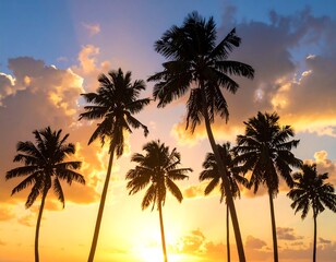 Silhouetted palm trees against a vibrant sunset sky with fluffy clouds. Golden sunlight streams through the scene. Tropical scene